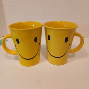 Cheerful Sunny Happy, Yellow Smiley Mugs, 16 Oz. Hot Or Cold, Set Of 2
